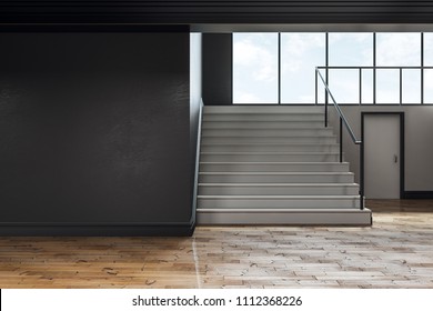 Dark Concrete School Hallway Interior With Copy Space On Wall, Stairs And Window With Sky View And Daylight. Mock Up, 3D Rendering 