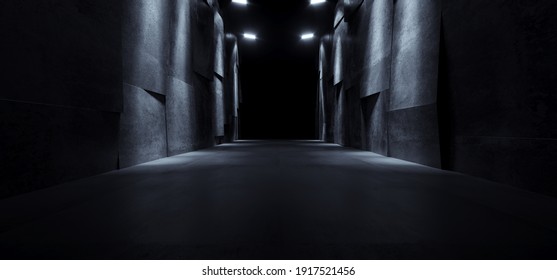 Dark Concrete Warehouse Underground  Tunnel Corridor Grunge Spaceship Parking Hangar Hallway Sci Fi Futuristic Modern Background Empty Glossy Cement 3D Rendering Illustration