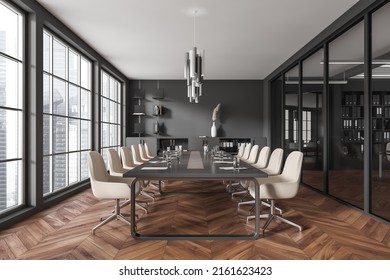 Dark Conference Room Interior With Armchairs And Papers On Table, Hardwood Floor. Business Meeting Room And Shelf With Documents, Panoramic Window On Singapore City View. 3D Rendering