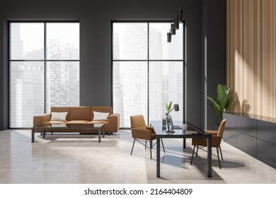 Dark Consulting Room Interior With Laptop On Desk, Side View, Lounge Zone With Coffee Table On Beige Concrete Floor. Panoramic Window On Singapore City View. 3D Rendering