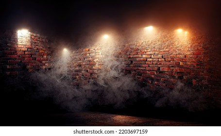 Dark Corner Of Old Brick Wall With Glowing Neon Lights As Background Illustration (3D Rendering)