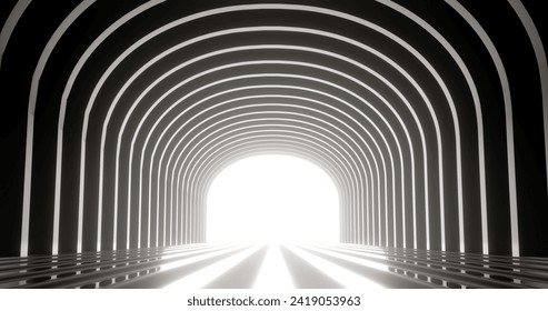 Dark corridor with light at end of tunnel. Abstract interior curved geometric structure design