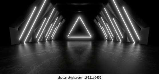 A dark corridor lit by white neon lights. Reflections on the floor and walls. Empty background in the center. 3d rendering image.