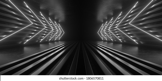 Dark Corridor With White Neon Lights. Empty Black Space For Text. Blurry Reflections On The Plates On The Floor. Abstract Black Background. 3D Rendering Image.