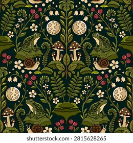 Dark Cottagecore Seamless Pattern with Frogs Mushrooms Snails Moons and Forest Botanical Elements