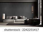 Dark cozy interior background, loft style living room with big window, 3D rendering