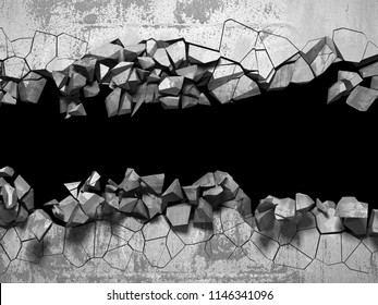 Dark Cracked Broken Hole In Concrete Wall. Grunge Background. 3d Render Illustration