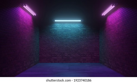 Dark Cyber ??Sci Fi Background With Neon Lights At Night In An Alley Or Garage (3D Rendering)