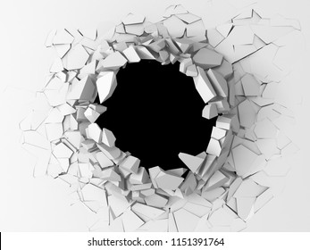 Dark Destruction Cracked Hole In White Stone Wall. 3d Render Illustration