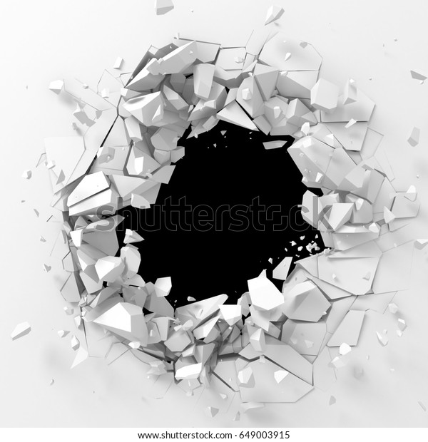 白い石壁に暗い破壊のひびの入った穴 3dレンダリングイラスト のイラスト素材
