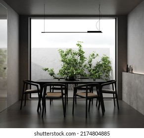 Dark Dining Room Interior Background With Big Window, 3d Render