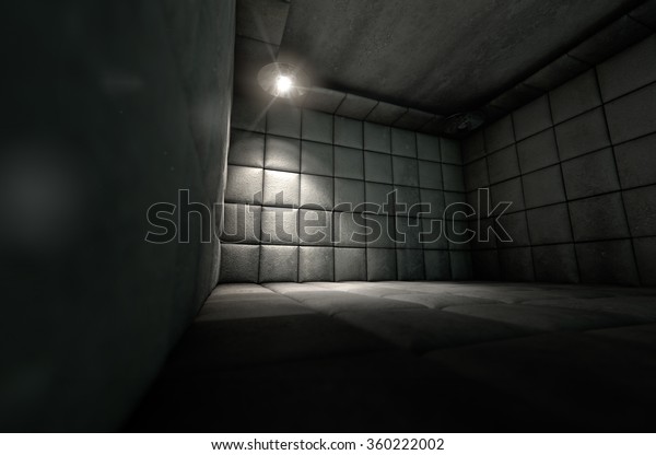 A dark dirty white padded cell in a\
mental hospital with a corner lit by a single\
spotlight