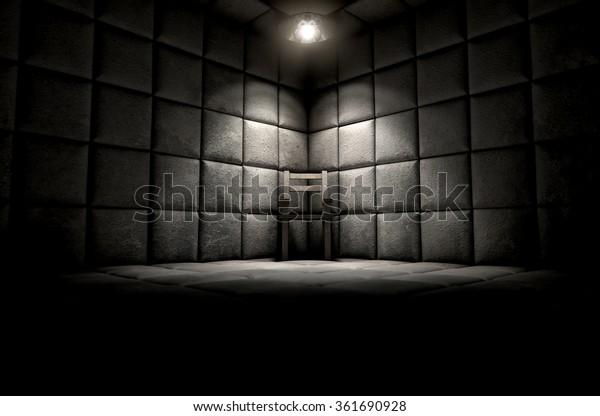 A dark\
dirty white padded cell in a mental hospital with an empty chair in\
the corner lit by a single\
spotlight