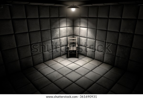 A dark\
dirty white padded cell in a mental hospital with an empty chair in\
the corner lit by a single\
spotlight