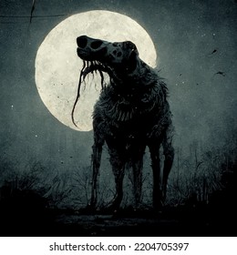 A Dark Dog Tearing Its Victims Apart Against The Backdrop Of The Moon. A Terrible Vision. The Guardian Animal. Computer Graphics In The Style Of A Nightmare.