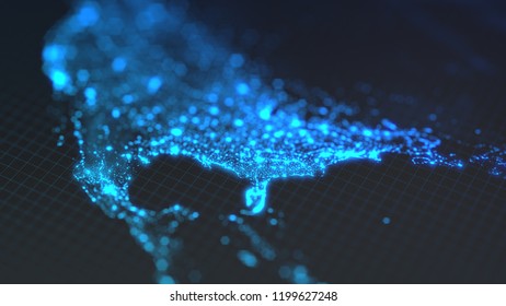 Dark Earth Map With Glowing Details Of City And Human Population Density Areas. Wiew Of America. Suitable For Technology, Future And Science Themes. 3d Illustration