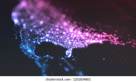 Dark Earth Map With Glowing Details Of City And Human Population Density Areas. Wiew Of America. Suitable For Technology, Future And Science Themes. 3d Illustration