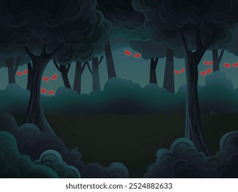 Dark eerie forest with glowing red eyes lurking in the shadows. Perfect for spooky, horror-themed designs or Halloween backgrounds. Dense trees, mysterious atmosphere, and a sense of fear - Powered by Shutterstock