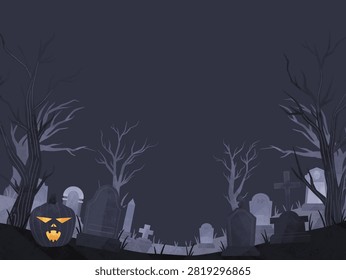 A dark, eerie landscape featuring a graveyard with various headstones, crosses, and leafless trees. The background is a deep gray, creating a somber atmosphere. A carved jack-o'-lantern with a glowing face is placed in the foreground, adding a Halloween theme. The hand-drawn style emphasizes the spooky and mysterious ambiance. The image likely represents a Halloween or gothic setting, capturing the essence of a haunted graveyard scene.
