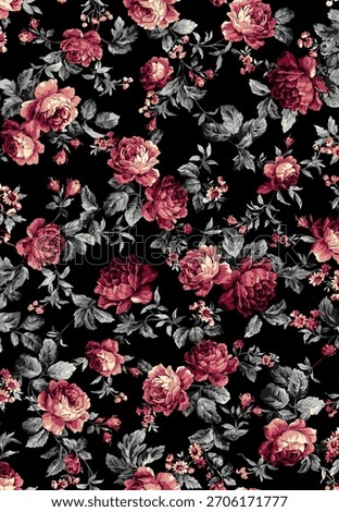 A dark and elegant seamless floral pattern displaying deep red roses with vintage leaves over a black background. Ideal for fabric design, wallpapers, and artistic decoration projects.