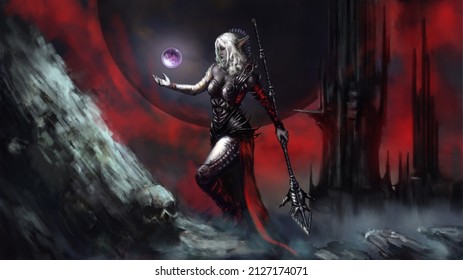 A Dark Elf Mage In Spiked Armor And White Hair Uses A Magic Sphere For Illumination, Behind Her Is The Silhouette Of A Gothic Castle. Digital Drawing Style, 2D Illustration