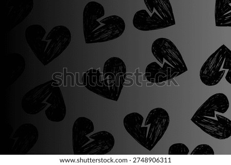 Dark Emo Background with Sketchy Broken Hearts, Goth Heartbreak Aesthetic on Black Gradient Texture