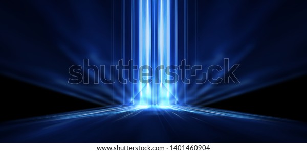 暗い空の抽象的シーン サーチライトの光 ネオンブルーライト ハイライト ライト シーンの夜景 照明とトンネル スポットライトと暗い背景 のイラスト素材