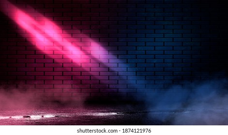 Dark empty brick wall, blue and red neon lights. Night city street, narrow corridor, night lights. 3D illustration