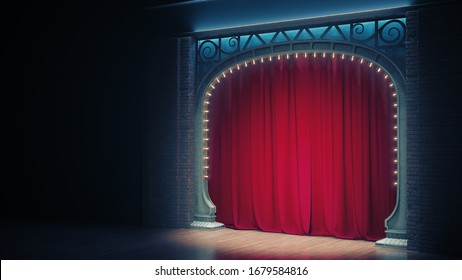 Dark Empty Cabaret Or Comedy Club Stage With Red Curtain And Art Nuovo Arch. 3d Render