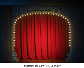 Dark Empty Cabaret Or Comedy Club Stage With Red Curtain And Art Nuovo Arch. 3d Render