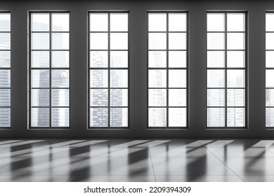 Dark Empty Hotel Room Interior With Grey Tile Concrete Floor, Open Space Office Or Studio Flat Design. Panoramic Window On Singapore City View. 3D Rendering