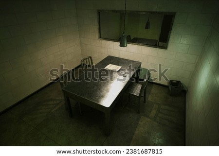 Dark, empty interrogation room seen through the one-way mirror. Investigation. 3D Illustration