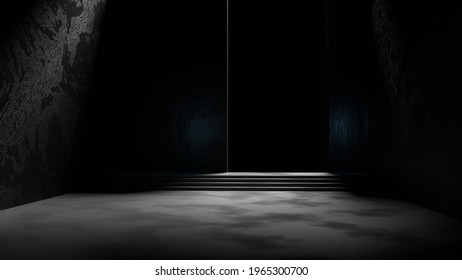 Dark Empty Room With A Black Background And Dim Light On The Concrete Floor, Scary And Horror