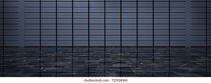 Dunkles Leeres Zimmer mit Metallwand und schwarz poliertem Marmorboden (3D-Abbildung)