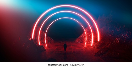Dark, empty space, empty stage, room with light element, neon light, abstract light.  Reflection on the wet surface of neon light. Night fantastic scene. 3D Rendering.