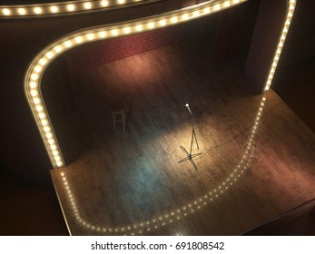 Dark empty stage with microphone. 3d render