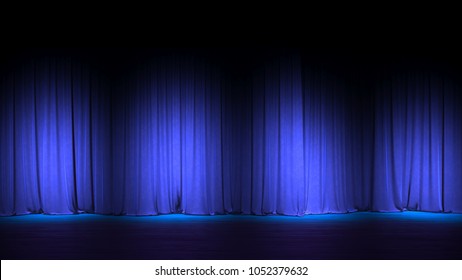 Dark Empty Stage With Rich Blue Velvet Curtains. 3d Render