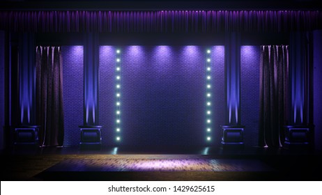 Dark empty stage with spot lights. Comedy, Standup, cabaret, night club stage 3d render