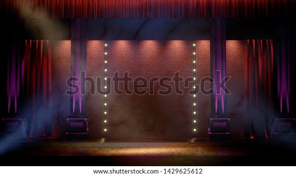 Dark empty stage with spot lights.\
Comedy, Standup, cabaret, night club stage 3d\
render