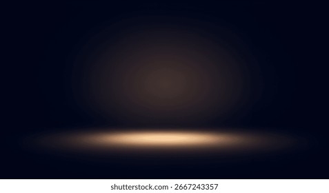 A dark, empty studio space is lit with a warm, golden glow emanating from the floor. The background fades into a deep, shadowy darkness.