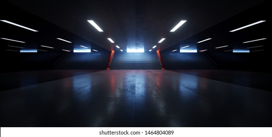 Dark Empty Underground Tunnel Corridor Stairs Signs Lights White Blue Orange Empty Reflective Grunge Concrete Modern 3D Rendering Illustration