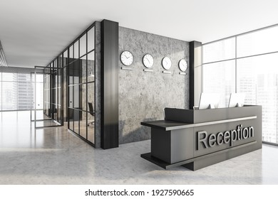 Dark Entrance Room On Marble Floor, Corridor With Meeting Room, Clocks On The Wall. Business Interior With City View, Table And Sign, 3D Rendering No People