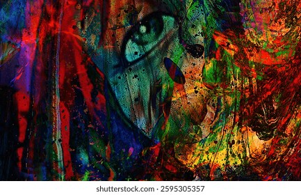 A dark and expressive abstract artwork featuring a striking eye emerging from a chaotic blend of vibrant colors and textured paint splatters. The intense contrast.