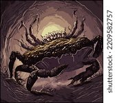 Dark fantasy colored art cover of a terrifying giant deformed crab monster with deadly pincers in a deep dark cavern. Art inspired by a forgotten beast in the video game "dwarf fortress".