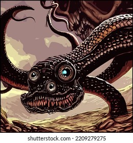 Dark Fantasy Colored Art Cover Of A Terrifying Giant Deformed Three-eyed Snake Monster With Crazy Eyes And Menacing Teeth In The Ocean. Art Inspired By A Forgotten Beast In The Game 