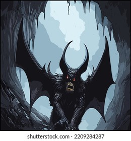 Dark Fantasy Colored Art Cover Of A Terrifying Giant Four-eyed Bat Monster With Large Ears And Menacing Teeth In A Deep Open Cavern. Art Inspired By A Forgotten Beast In The Game 