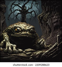 Dark Fantasy Colored Art Cover Of A Scary Giant Bloated Frog Monster With Large Eyes And Menacing Teeth In A Deep Dark Cavern. Art Inspired By A Forgotten Beast In The Video Game 