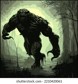 Dark fantasy colored art cover of a terrifying giant deformed hulking swamp monster with large muscles in a green swampy environment.