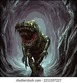 Dark Fantasy Colored Art Cover Of A Large Terrifying Blind Cave Raptor Monster With Sharp Teeth In A Dark Cavern Tunnel.