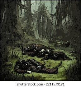 Dark Fantasy Colored Art Cover Of A Grim Secluded Forest Clearing With Six Decaying Corpses Of Slain Orcs.